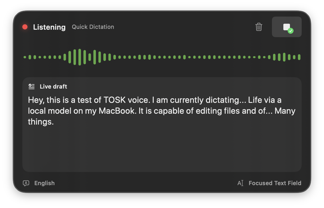 ToskVoice showing a local live dictation draft